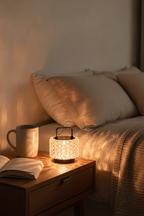 Monet Garden accent lamp on a bedside table, portrait lifestyle photograph