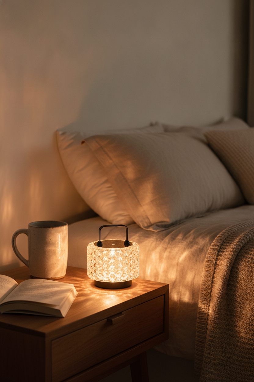 Monet Garden accent lamp on a bedside table, portrait lifestyle photograph