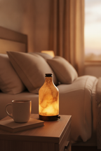 Admire alabaster accent lamp on a bedside table, portrait lifestyle photograph
