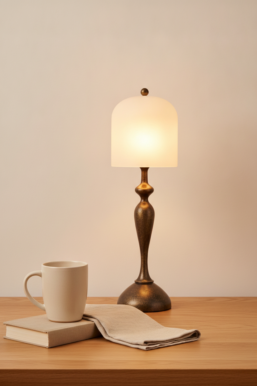 Aura Spirit alabaster accent lamp on a bedside table, portrait lifestyle photograph