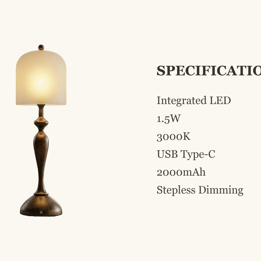 Aura Spirit lamp specifications: integrated LED 1.5W 3000K USB Type-C 2000mAh stepless dimming