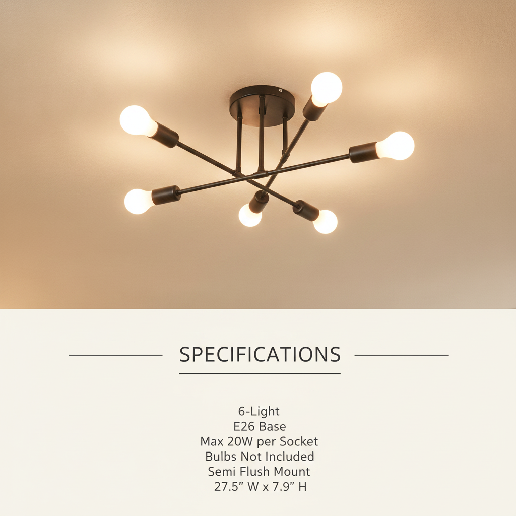 6-light black sputnik semi flush ceiling light E26