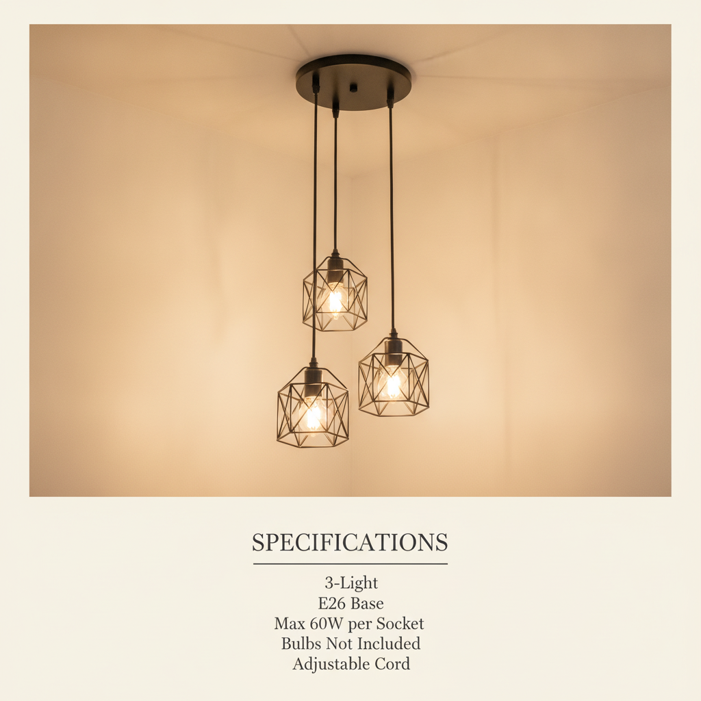 3-light black metal cage pendant light E26 kitchen island
