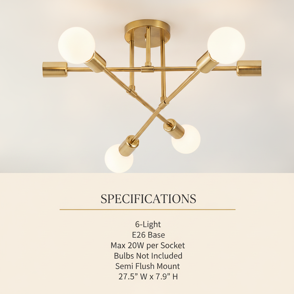 6-light gold sputnik semi flush ceiling light E26