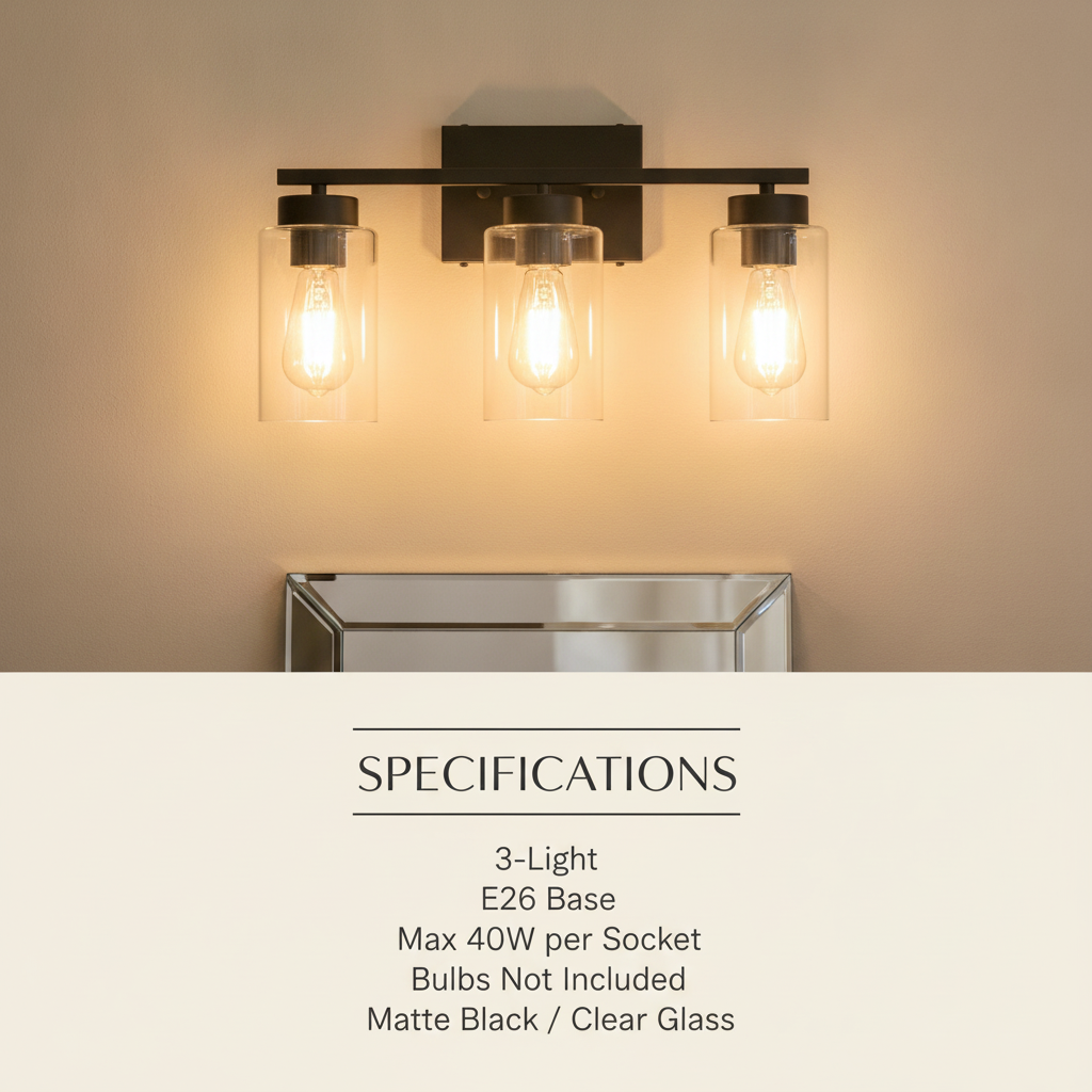 3-light matte black bathroom vanity light clear glass shades E26