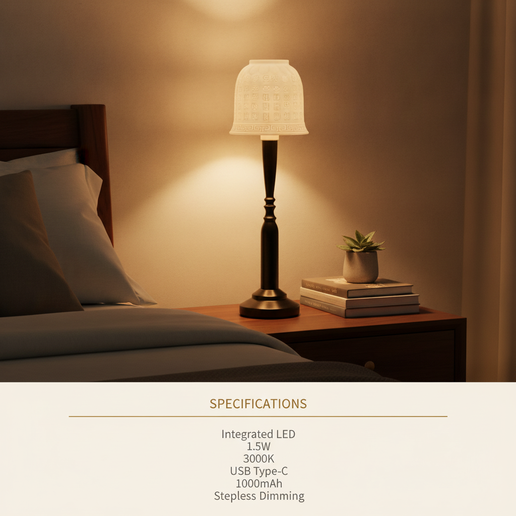 Bliss lamp specifications, integrated LED 1.5W 3000K USB-C 1000mAh stepless dimming