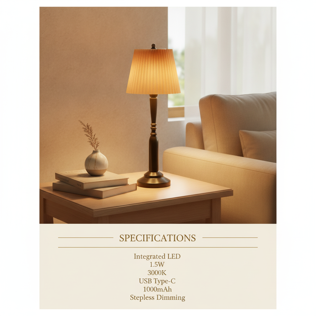 Jovial table lamp specifications: integrated LED 1.5W 3000K USB-C 1000mAh stepless dimming