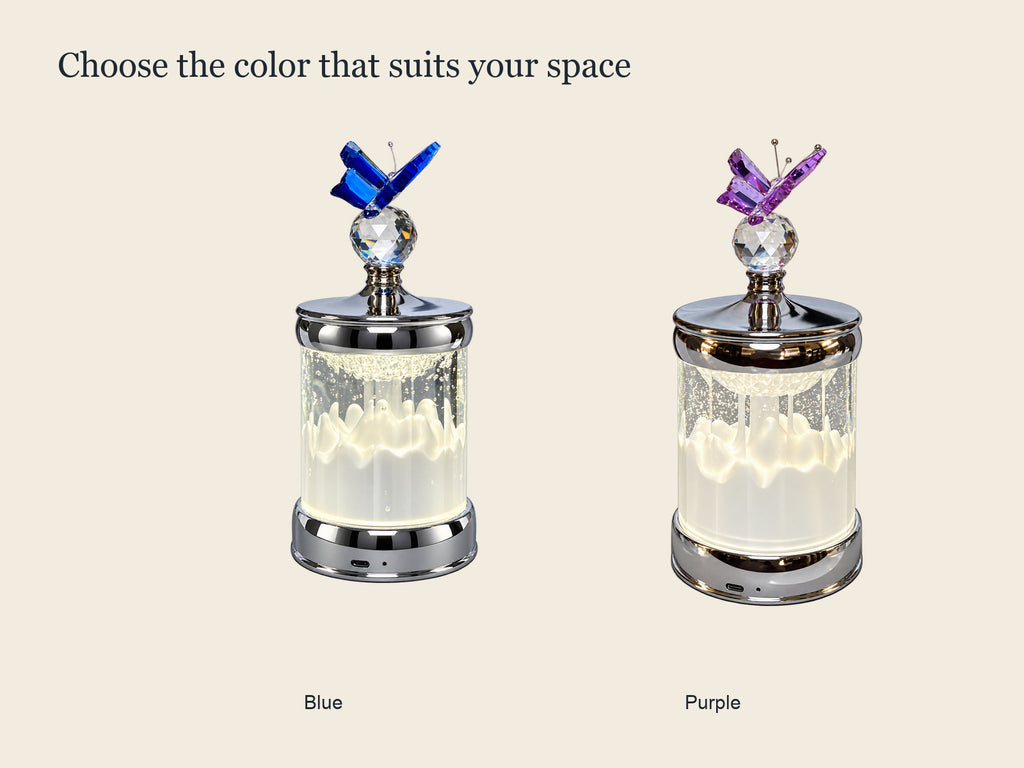 2679 Butterfly Crystal Night Lamp shown in Blue and Purple color options